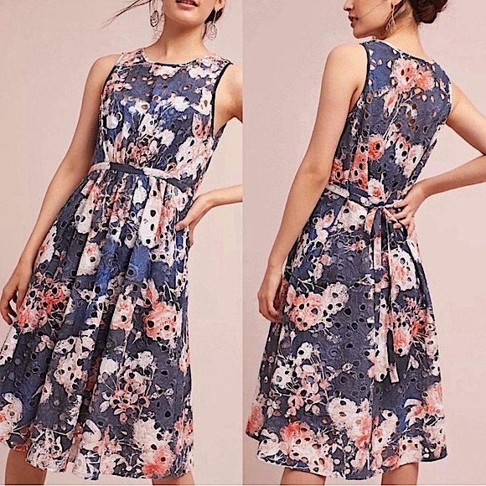 NWOT Hemant & Nandita Anthropologie, Lazuli Watercolor Floral Eyelet Midi Dress